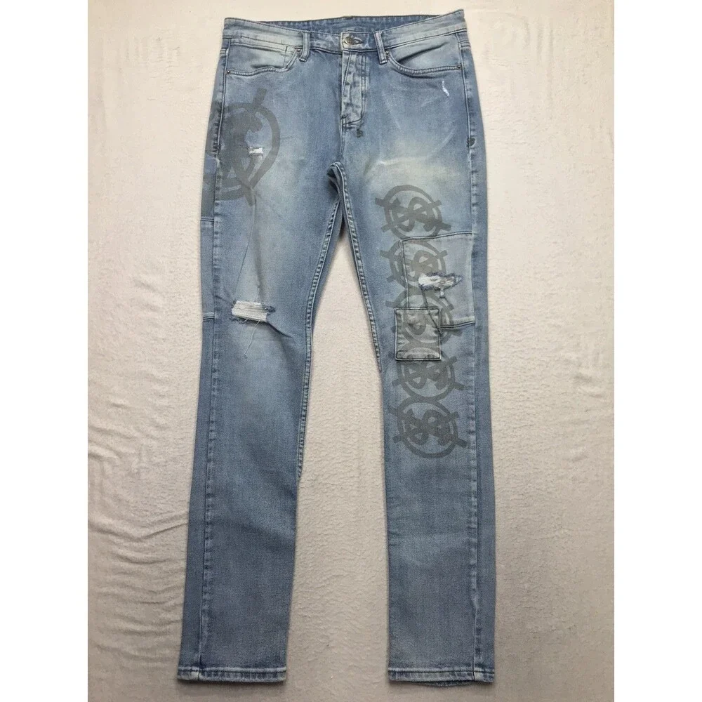 KSUBI Van Winkle Dollar Print Jeans Men 33x32 Light Wash Distressed Stretch Slim